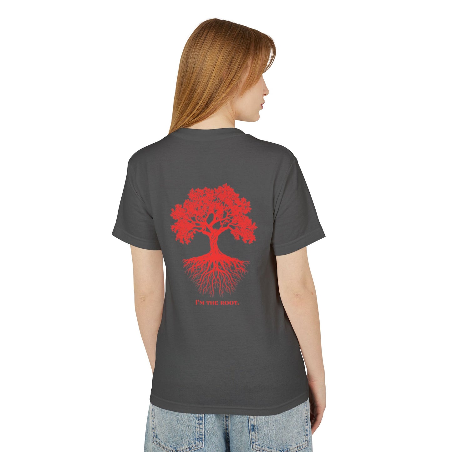 Unisex Heavyweight Cotton Tee - 'I'm the Root' Red Tree Design