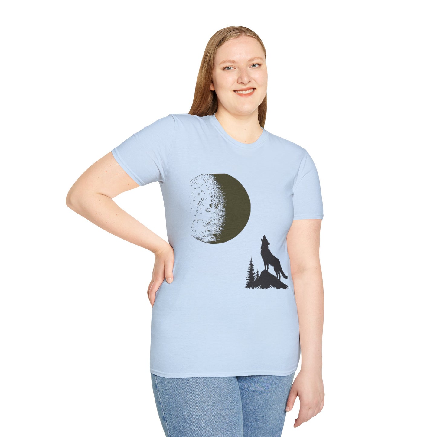 Wolf Howling at Moon Unisex Softstyle T-Shirt - Perfect for Nature Lovers