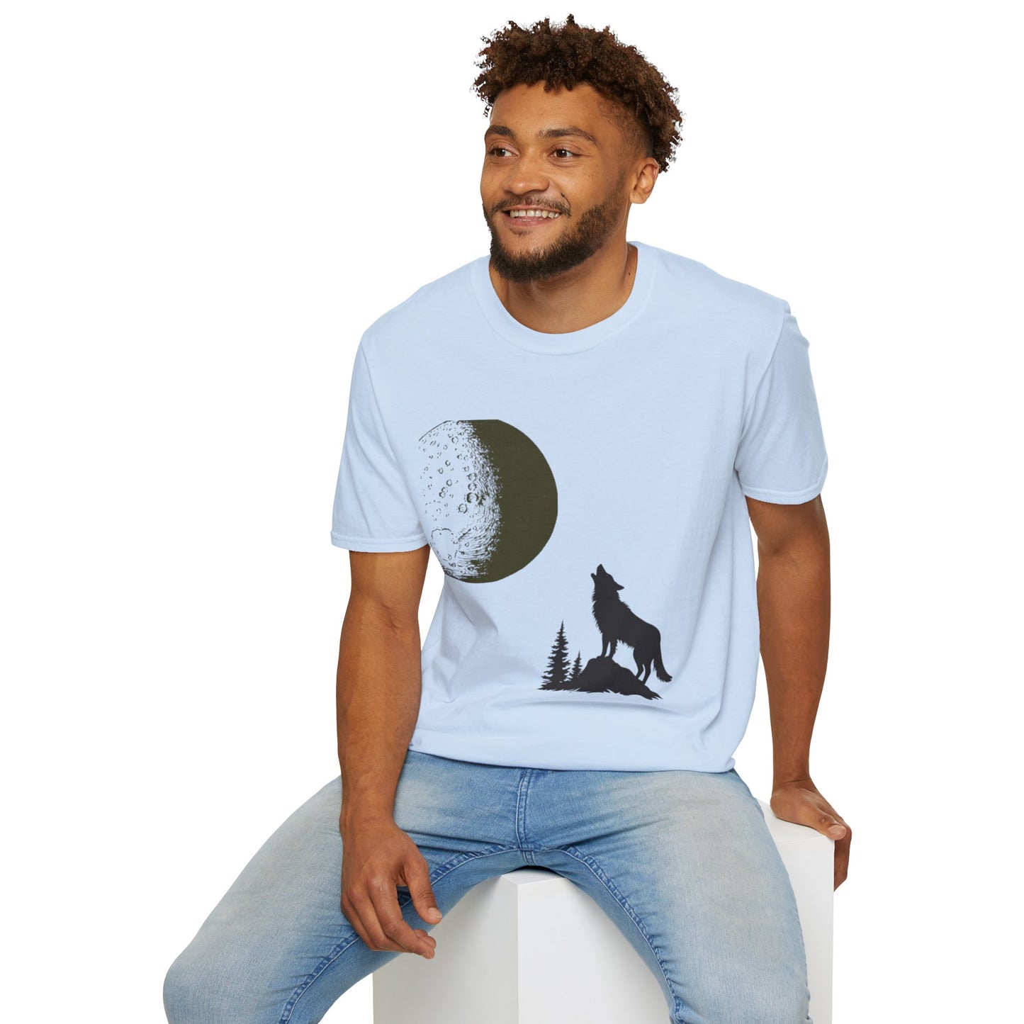 Wolf Howling at Moon Unisex Softstyle T-Shirt - Perfect for Nature Lovers