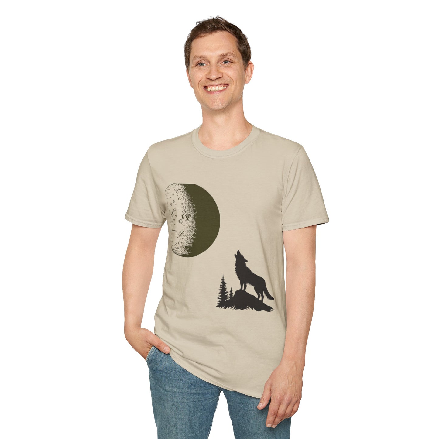 Wolf Howling at Moon Unisex Softstyle T-Shirt - Perfect for Nature Lovers