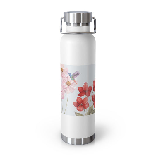 Floral Insulated Water Bottle - 22oz Copper Vacuum Container with Hummingbird Design